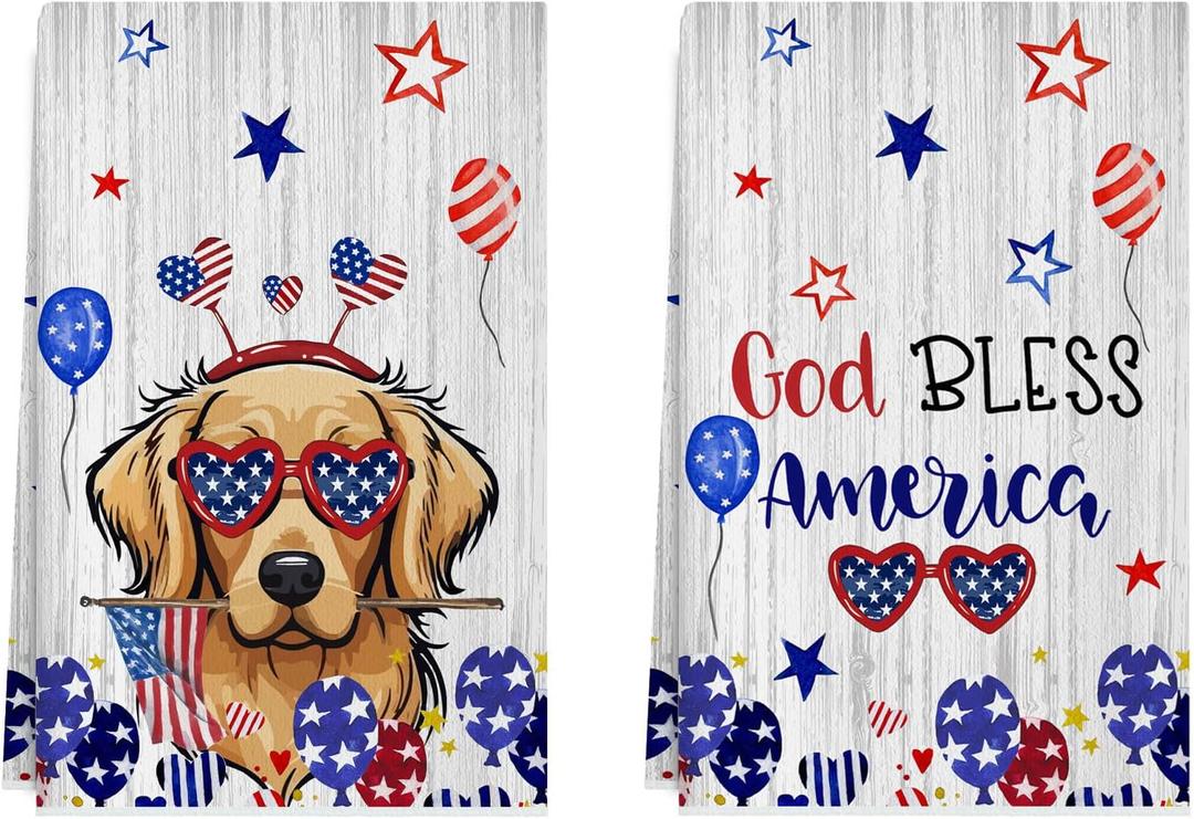 XCHI God Bless America Dog Balloons America Stars Patriotic 4th of July Memorial Day Independence Day Kitchen Towels Dish Towels 18x26 Inch Set of 2 Home Decorations Hand Towels Drying Dishcloth