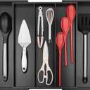 Purawood Kitchen Drawer Organizer - Expandable Utensil Organizer for Kitchen, Cutlery Tray & Silverware Organizer, 3-5 Slots - Bamboo Drawer Organizer for Utensils & Flatware (Black)