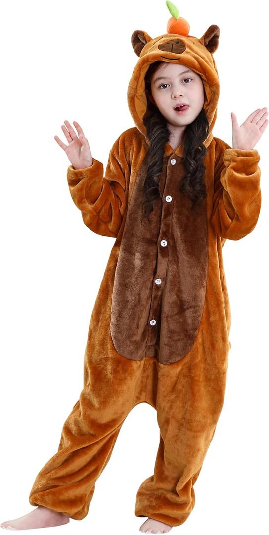 Unisex Kids Animal Costume Soft Flannel Halloween Christmas Cosplay Pajama Jumpsuit for 4-12 Years (9-10 Years/Height 49"-53", Capybara)