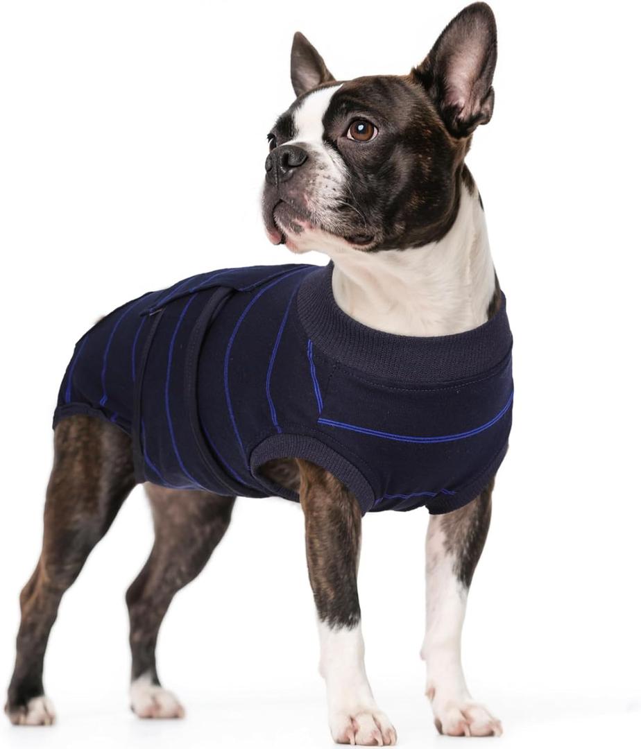 Kuoser Dog Surgery Recovery Suit, Soft Breathable Dog Recovery Suit for Female Spay Male Nueuter, Anti Licking Puppy Onesie Pet Surgical Suit for Dogs Abdominal Wounds Skin Disease, Blue Strips M (Medium (Back: 13.4" - 16.1"; Weight: 14 - 25LB))