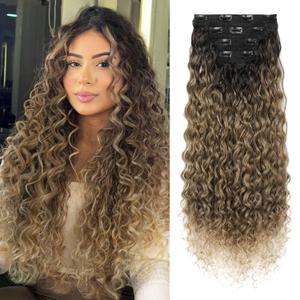 LONAI 4PC Clip in Hair Extensions, 100 Pure Protein Silk Curly Hair Extension for Women, 26 Inch Long Soft Natural Hair Extensions-Dark Brown to Medium Brown Light Roots