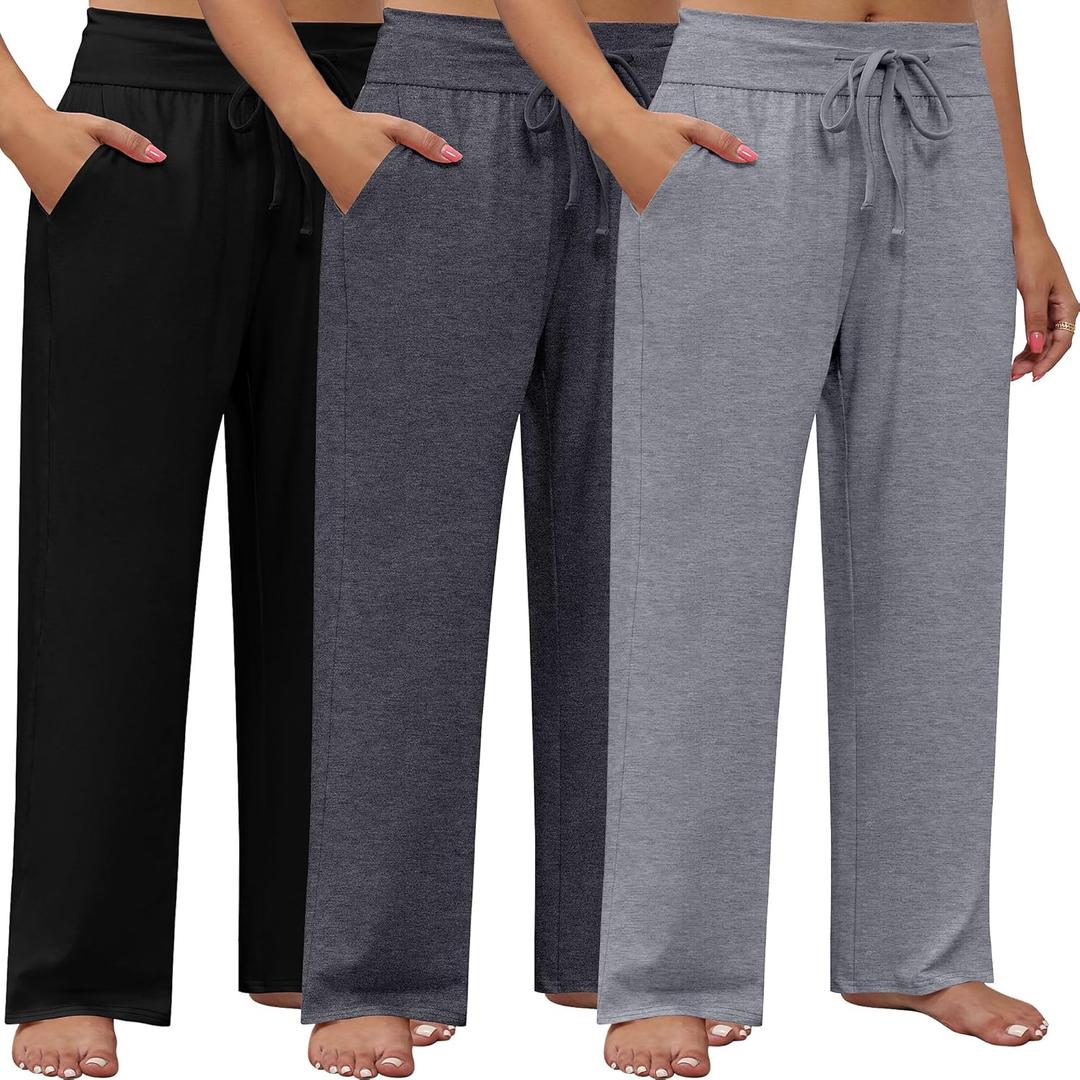 Neer 3 Pack Women's Plus Size Lounge Pants, Wide Leg Yoga Pants Baggy Drawstring Sweatpants with Pockets Casual Loose Jogger (XXXL)