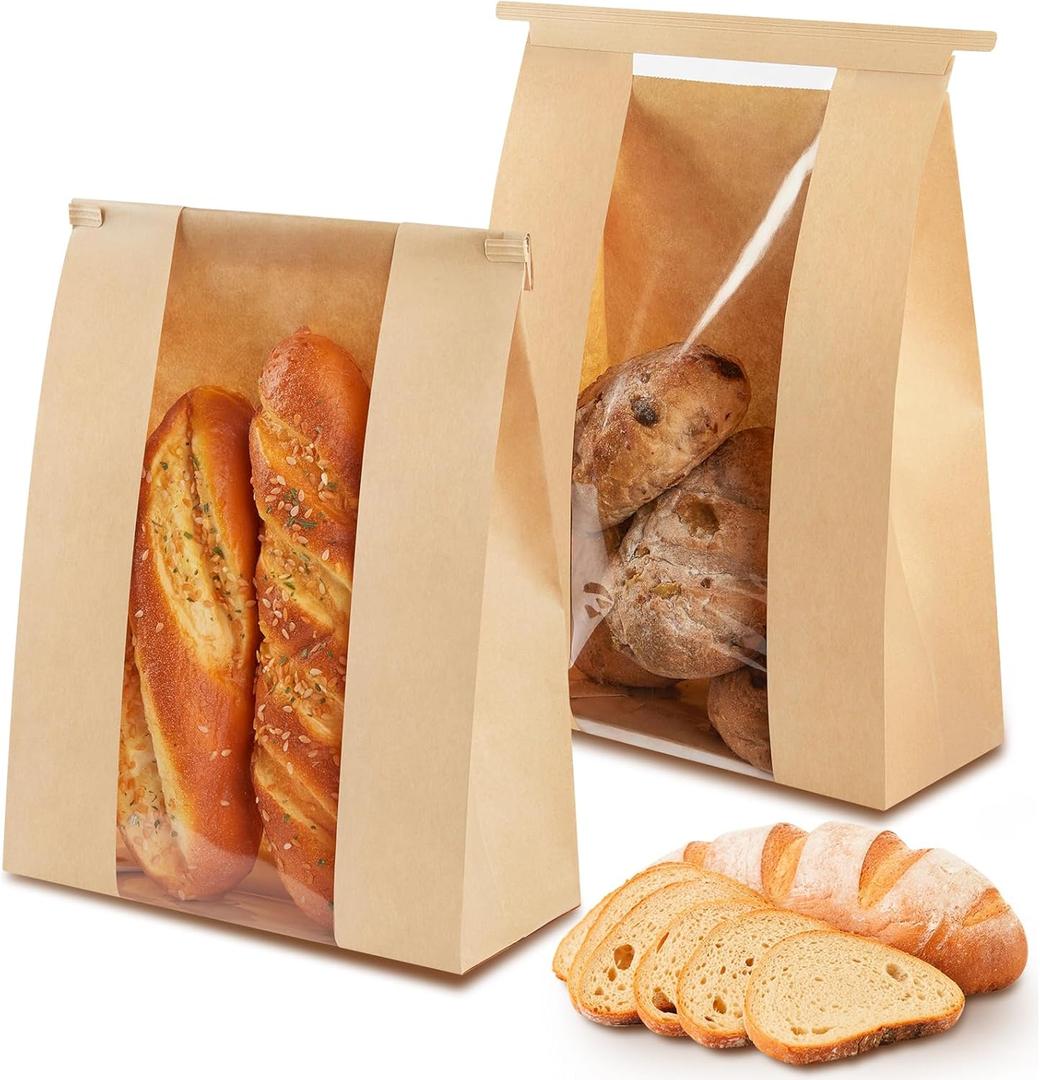 100 PCS Large Paper Bread Bags, 13.7 x 8.2 x 3.5 Inches Bakery Bags with Window, Homemade Bread Loaf Bags with Tin Tie Tab Lock and Seal Stickers