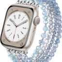 VISOOM Beaded Bracelet Compatible for Apple Watch Band 42mm/41mm/40mm/38mm Series11 10 9 8 7 Se(3 2 1) Series 6/5/4 Women Fashion Cute Handmade Pearl Stretchy Watch Strap for iWatch Bands Series 3/2/1 (C-Light Silver)