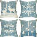 Hello Winter Snowflake Decorative Throw Pillow Covers 18x18 Set of 4, Let It Snow Wonderland Reindeer Bird Cushion Case Decor, Snowy Forest Farmhouse Home Christmas Decoration for Sofa Couch