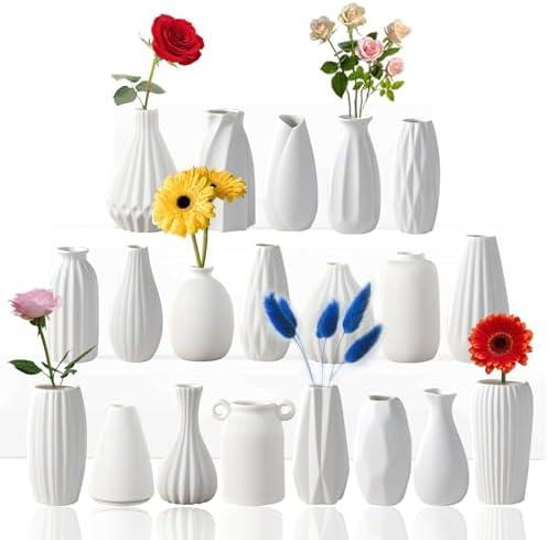 Sameme 5'' White Ceramic Bud Vases Set of 19,Small Vases in Bulk for Flowers,Mini Vases for Centerpieces,Modern Vases for Floral and Pampas Grass,Boho Vases for Wedding,Party,Table Home Decor