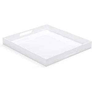 White Acrylic Large Ottoman Tray with Handles 18"x18"x2" Spill Proof Serving Tray Rubber Boot Organizer Tray Decorative for Living Room Bedroom Kitchen Entryway Coffee Table Countertop