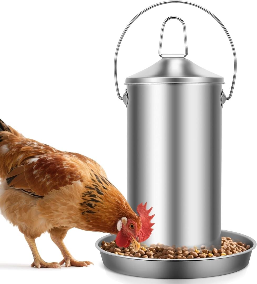 Chicken Feeder - 304 Stainless Steel 8.8 lb Rust-Proof No Waste Poultry Feeder for Outdoor Coops, Chickens, Ducks & Small Farms