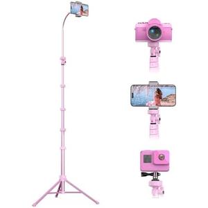 UBeesize 88’’ Flexible Phone Tripod with 14.95’’ Gooseneck, Remote and Phone Holder, Overhead Cell Phone Stand＆Selfie Stick for Video Recording, Compatible with iPhone Android Phone, Camera Pink