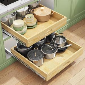 Pull Out Cabinet Organizer, Soft Close Wooden Slide Out Drawers for Pots and Pans, Full-extension Roll Out Shelves for Kitchen Cabinets, Pantry Organization, Bottom & Side Mount(21"W X 21"D x 3.4''H)