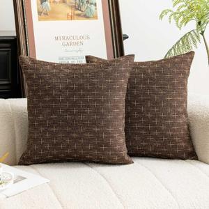 WACOMECO Textured Throw Pillow Covers, Pack of 2 Decorative Burlap Linen Farmhouse Cushion Covers for Couch Sofa Home Decoration, 18x18 inch, Dark Brown