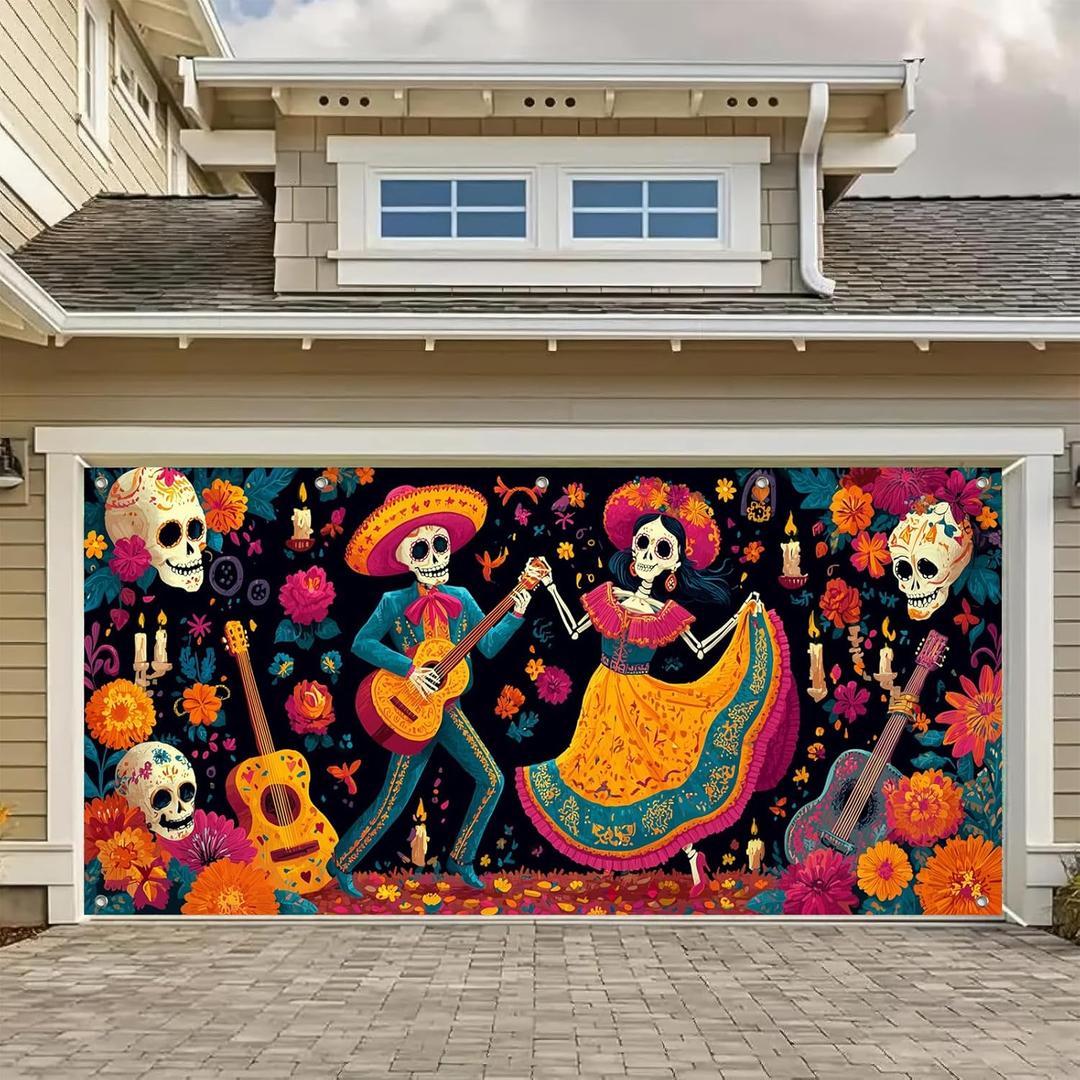 13x6ft Halloween Garage Door Banner, Day of the Dead Sugar Skull Backdrop Outdoor Indoor Halloween Garage Door Cover, Large Dia de los Muertos Wall Decoration for Yard Porch Party Display