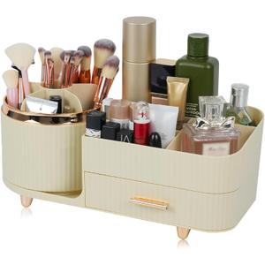 Makeup Organizer Countertop with Drawer 360 Rotating Brush Holder Storage Large Capacity Skincare Cosmetic Display Cases for Vanity Bathroom Desktop, Model 3016 Cream