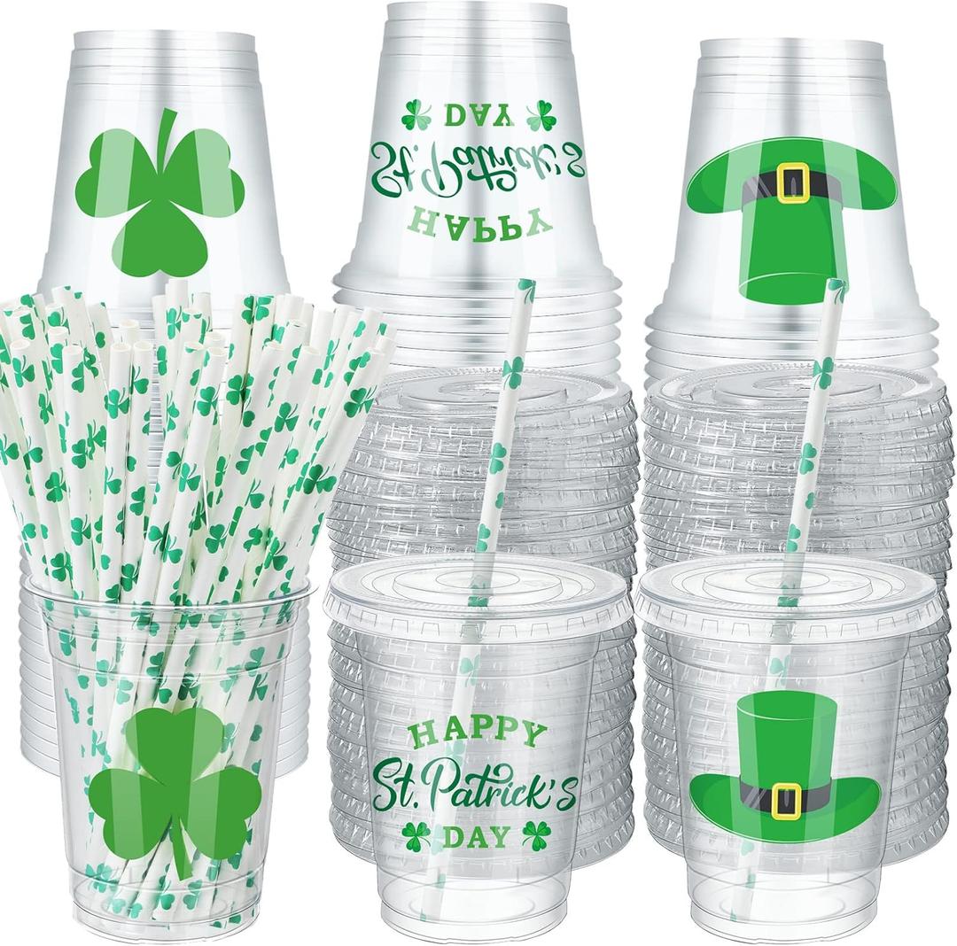 Patelai 90 Pcs St Patrick's Day Shamrock Cups with Lids and 90 Pcs Shamrock Paper Straws, Disposable Happy St Patrick's Day Clear Plastic Cups for Beer Beverage Coffee Ice Cream