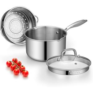 Tri-Ply Stainless Steel Sauce Pan with Steamer Basket & Straining Glass Lid Heavy-Duty, Thick Base, Rust-Resistant, Warp-Free 100% Food-Grade Built to Last Works with All Stovetops, Pasta Pot 3.5 QT