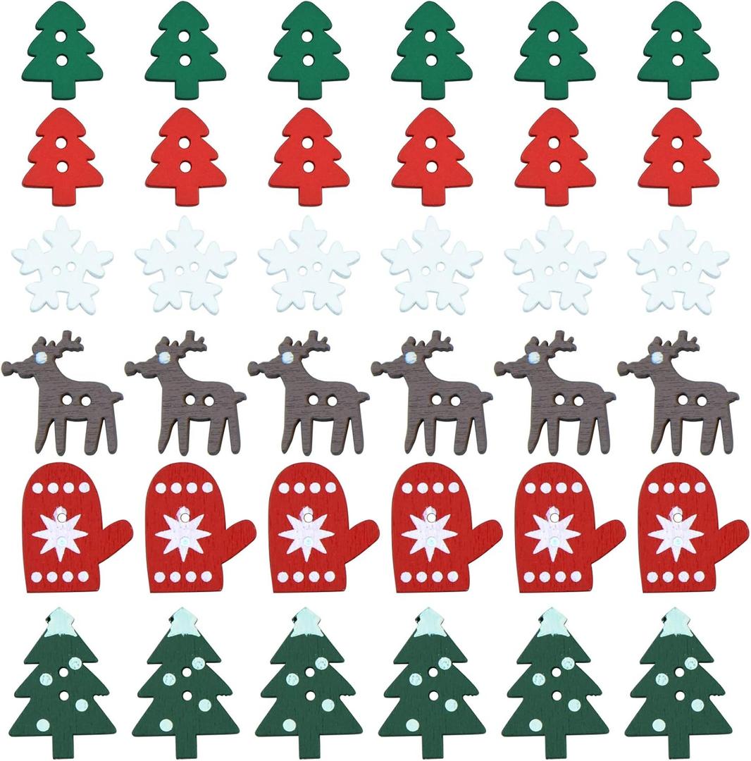 200 Pcs Christmas Wooden Buttons, Fengek Snowflake Gloves Christmas Tree Sewing Buttons for Christmas DIY Art Crafts Project