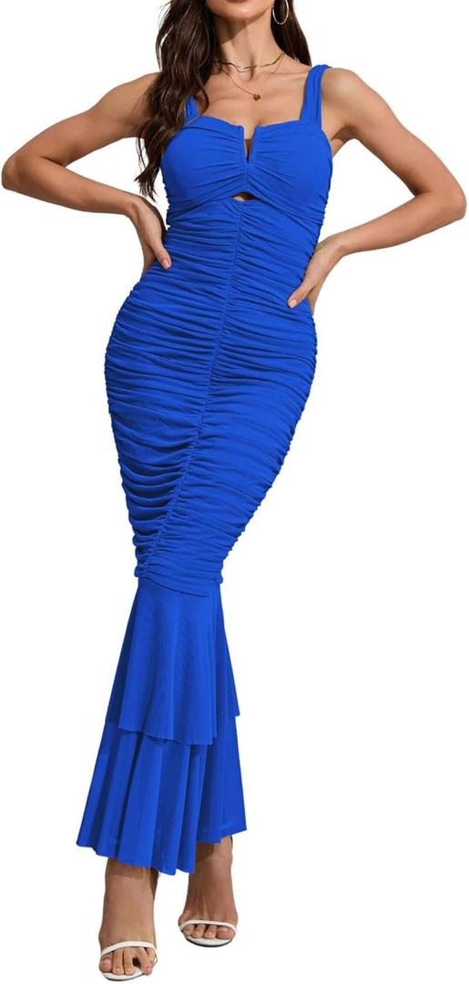 CHARTOU Women's Sleeveless Strappy Prom Party Evening Ruched Bodycon Mermaid Fishtail Maxi Dress (Blue, S)