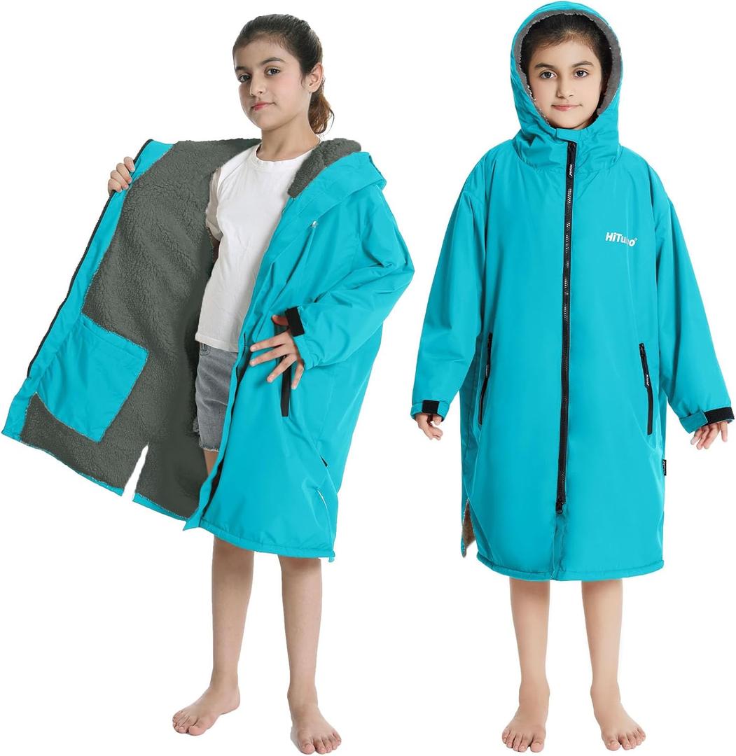 Hiturbo Warm Kids Swim Parka: Waterproof Changing Robe - Oversize Swimming Coat - Hooded Surf Poncho - Thick Lining (7-14Y) (Teal)