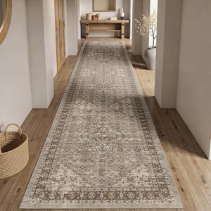 Washable 2'6x12 Entryway Rug: Low Pile Runners Rugs for Kitchen Hallway Vintage Stain Resistant Carpet for Bedroom Soft Easy to Clean Non-Skid Floor Mats for Dining Room 2'6'x12' Brown
