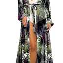 Pink Queen Women's Long Sleeve Flowy Maxi Swimsuit Tie Front Robe Cover Up (Large, Dark Green-tropical Print)