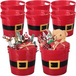 Sliner 8 Pack Empty Christmas Plastic Buckets with Handles Red Santa Belt Round Basket Multi Purpose Container Christmas Decorations Candy Bars Vase Toy Baskets for Christmas Winter