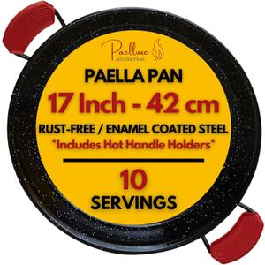 Paelluxe Paella Pan Enamelled, No-Rust Steel Skillet for Propane & Gas Burners Easy-to-Clean Pan for Indoor & Outdoor Cooking Cacerola Paellera Sarten 17 Inch, for 10 Servings