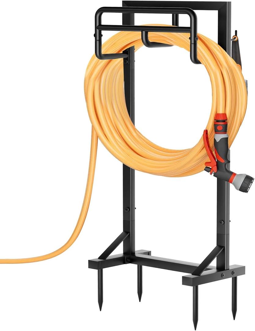Garden Hose Holder with Stable Base and Tool Hooks, GAVISCITY Heavy-Duty Metal Hose Hanger Garden Hose Storage Holds 151Ft Hose, Rustproof Freestanding Water Hose Holder for Outside, Yard, Lawn, Black (Hang Frame - 45in)