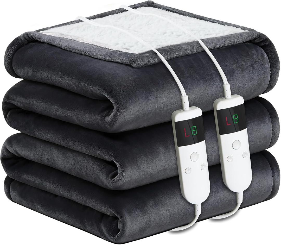 Electric Heated Blanket Queen Size 84''x90'' Soft Flannel & Sherpa Electric Blanket with 10 Heating Levels, Automatically Shut Down After 8h with Overheat Protection Machine Washable (Charcoal)