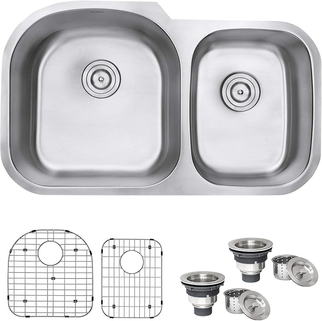Ruvati 34-Inch Undermount Kitchen Sink 60/40 Double Bowl Kitchen sink, 16 Gauge T-304 Stainless Steel Kitchen Sinks, Deep Basin Sink, Brushed Finish RVM4600, Larger Bowl Left