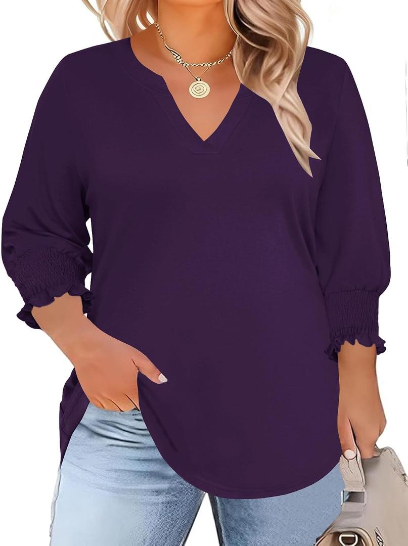 TFSDOD Womens Plus Size Tops 3/4 Sleeve Blouses Summer V Neck Shirts Smocked Cuffs Spring Outfits, Size: XX-Large Plus