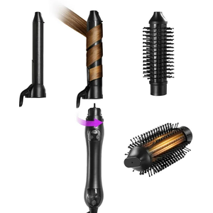 GLAMUP 3 in 1 Rotating Curling Iron 1"-1.25" Inch Automatic Wand & Thermal Brush set, Beach Waves, Hair Curler for Medium & Long Hair, MCH Fast Heating, Ceramic Coating,