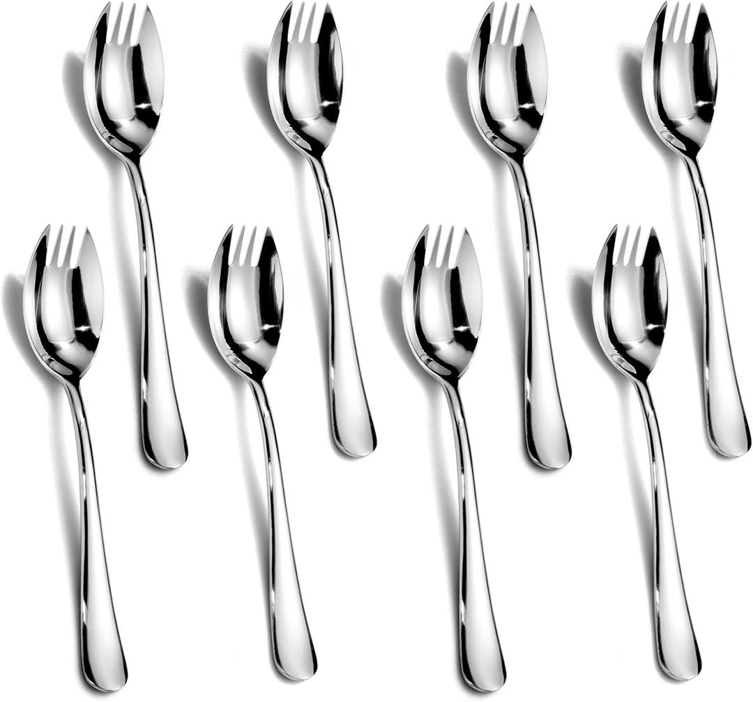 Alata Sporks, 8-Pack Food-grade Stainless Steel Sporks, 7.4 Inches Long Handle Salad Forks For Dessert, Ice Cream, Salad, Soup, Noodle, Spaghetti, Dishwasher Safe (Silver)