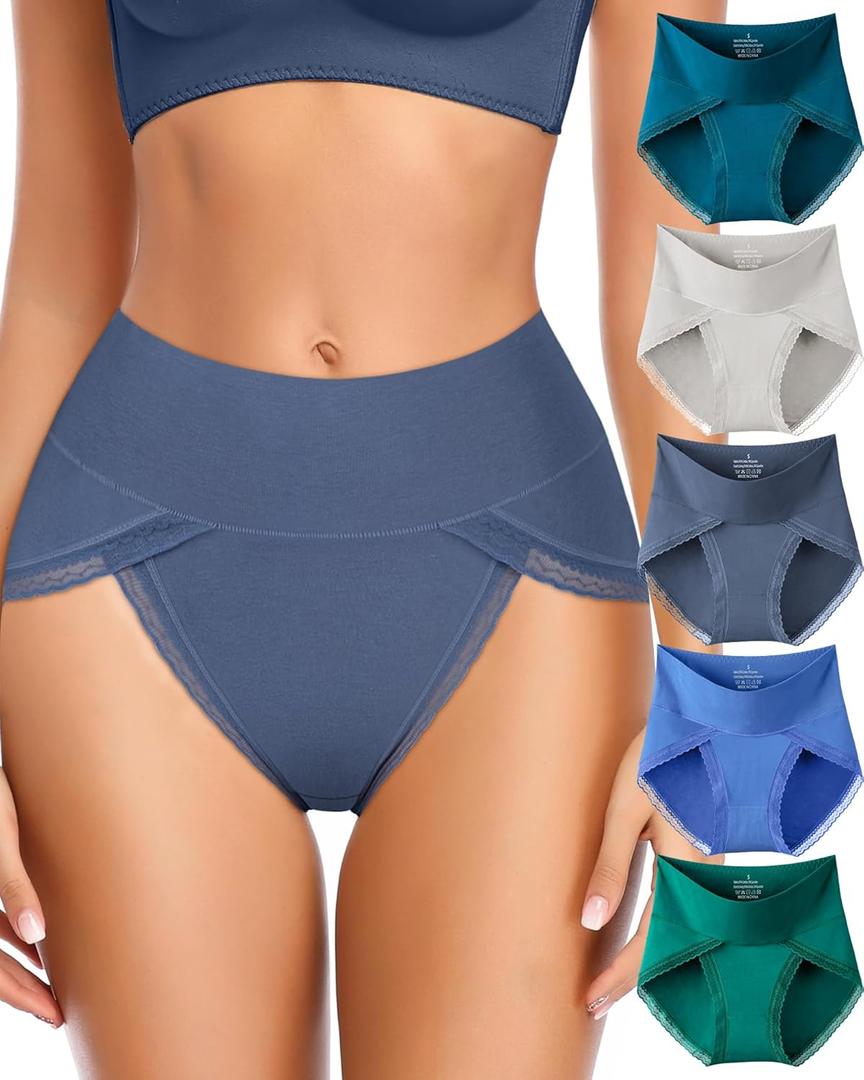 UMMISS Cotton Underwear for Womens High Waisted Slight Tummy Control High Cut Panties Full Coverage Ladies Briefs 5 Pack (Medium)