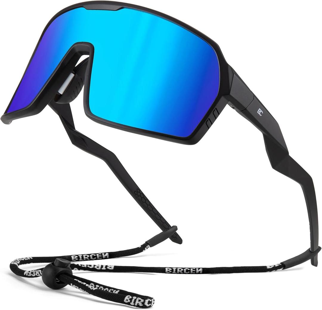BIRCEN Sports Baseball Sunglasses for Men - Women Polarized UV Protection Cycling Glasses for Running Golf Softball Bike (A-black Frame Blue Lens)