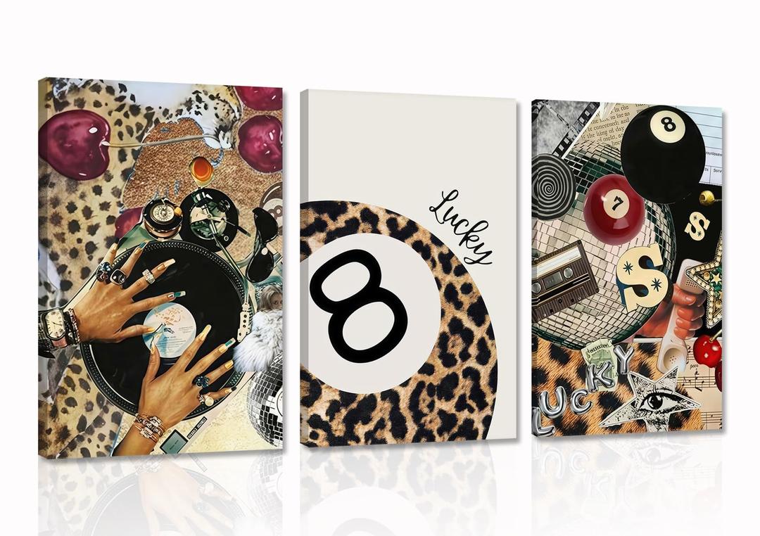 3Pcs Trendy Leopard Wall Art Black Girl Trendy Disco 8 Ball Poster Vinyl Record and Glam Nails Retro Canvas Cheetah Wall Decor Aesthetic Trendy Bedroom Music Room Bar Lounge Decor Canvas 16"x24"