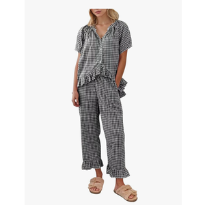 COZYPOIN Womens Gingham Pajama Set 2 Piece Plaid Cotton Pjs Cute Ruffle Sleepwear Maternity Bridesmaid Pajamas Loungewear Medium, Black 