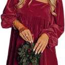 Chvity Women Velvet Backless Mini Dress Sqaure Neck Long Sleeve Casual Loose Holiday Party Winter Babydoll Velour Dressess (Large, Red)