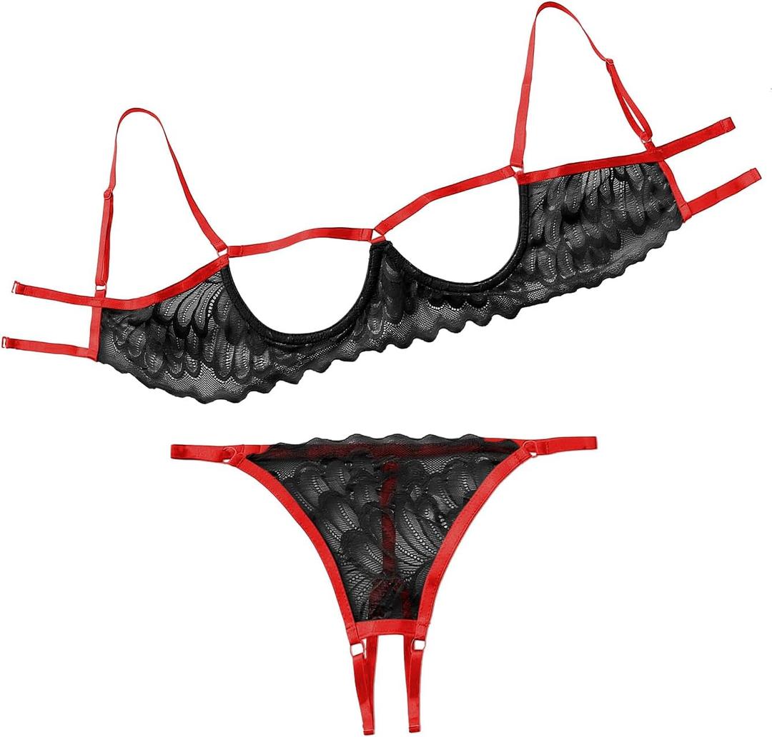 Lilosy Sexy Underwire Floral Lace Sheer Lingerie Set for Women See Through Bra and Panty 2 Piece (Large, Black Red) Lilosy Sexy Underwire Floral Lace Sheer Lingerie Set for Women See Through Bra and Panty 2 Piece (Large, Black Red)