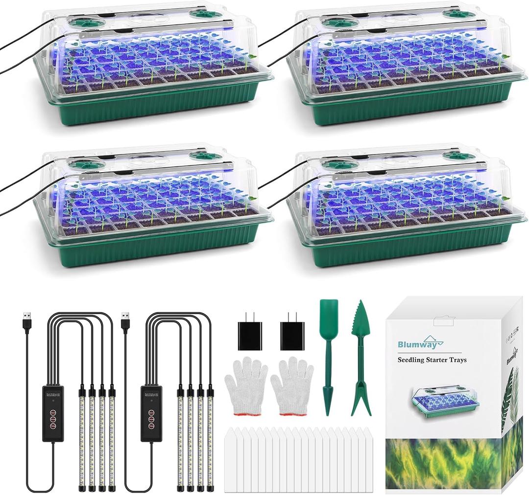 BlumWay Seed Starter Tray with Grow Light,4 Pack 160 Cells Seedling Tray with Humidity Dome/Indoor Grow Kit for Deep-Rooted Seedlings, Adjustable/Timed Light Plant Starter Set