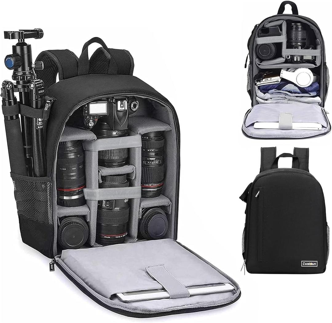 Cwatcun Camera Backpack Bag Professional for SLR DSLR Mirrorless Camera Waterproof Camera Case Compatible with Sony Canon Nikon Camera and Lens Tripod Accessories ( Small Black) (2.0 S)
