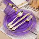 Bestluck 350PCS Clear Purple Plastic Plates for 50 Guests, Disposable Plates with Gold Trim include 50 Dinner Plates, 50 Dessert Plates, 150 Gold Silverware, 50 Cups, 50 Napkins for Party, Wedding
