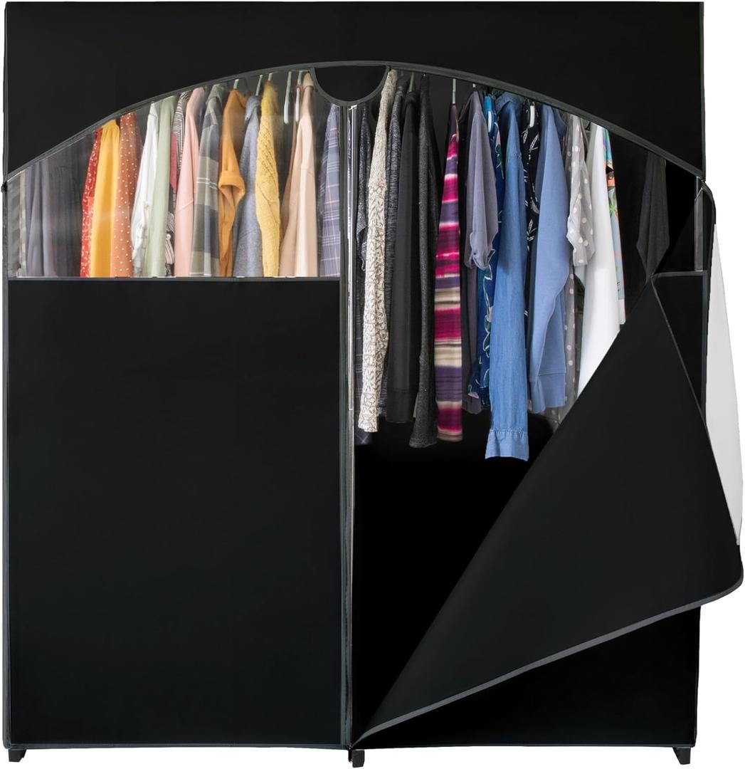 HOLDN STORAGE Portable Wardrobe Closet, Large - Premium Heavy Duty Metal Hanging Rod with Black Cover- 50 Lb. Weight Capacity- Super Easy Assembly, No Tools Required