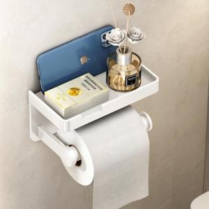 VOLDRA Toilet Paper Holder with Phone Shelf, Self-Adhesive or Screw Toilet Tissue Roll Holder Wall Mount, Rustproof & Multifunctional Bathroom Toilet Paper Holder Storage Dispenser(White)