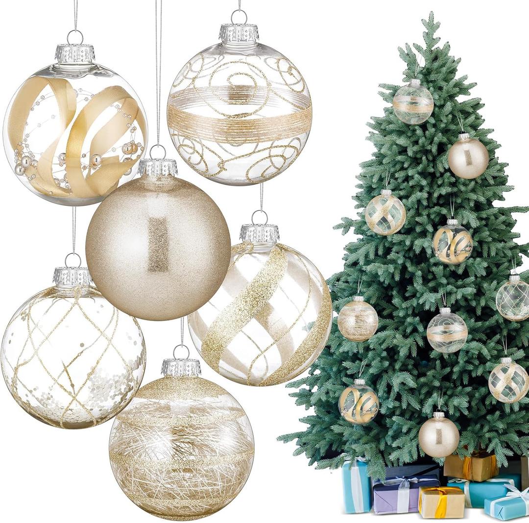 6 Pcs 4 Inch Large Christmas Ball Ornaments Clear Plastic Christmas Ball Ornament Set with Stuffed Delicate Xmas Balls Baubles Set for Xmas Tree Home Decoration Supplies (Champagne)