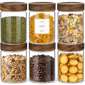CONNOO 28oz Glass Storage Jars with Wood Lids (6-Pack) Includes 120 Pre-Printed Waterproof White Kitchen Labels Airtight Pantry Containers for Rolled Oats, Pasta & Cereals
