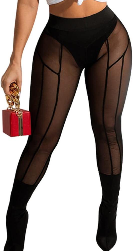 Women's Sexy See Through Sheer Mesh Pants Leggings High Waist Casual Sweatpants Tights (XL)