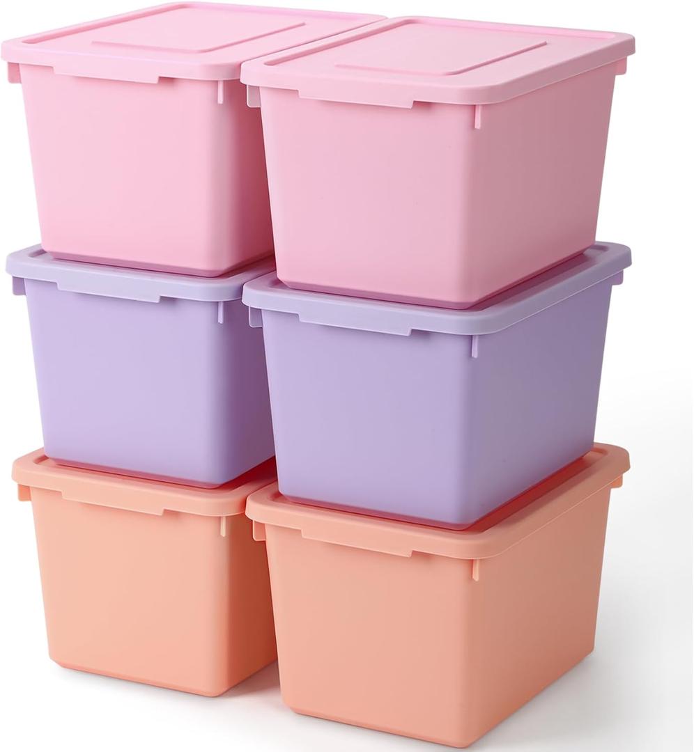 Potchen 6 Pack Cute Plastic Storage Bins with Lids Decorative Stackable Storage Boxes 9.8" 7.3" 5.7" Small Storing Totes for Organizing Craft Office Supplies (Pink, Purple, Orange)
