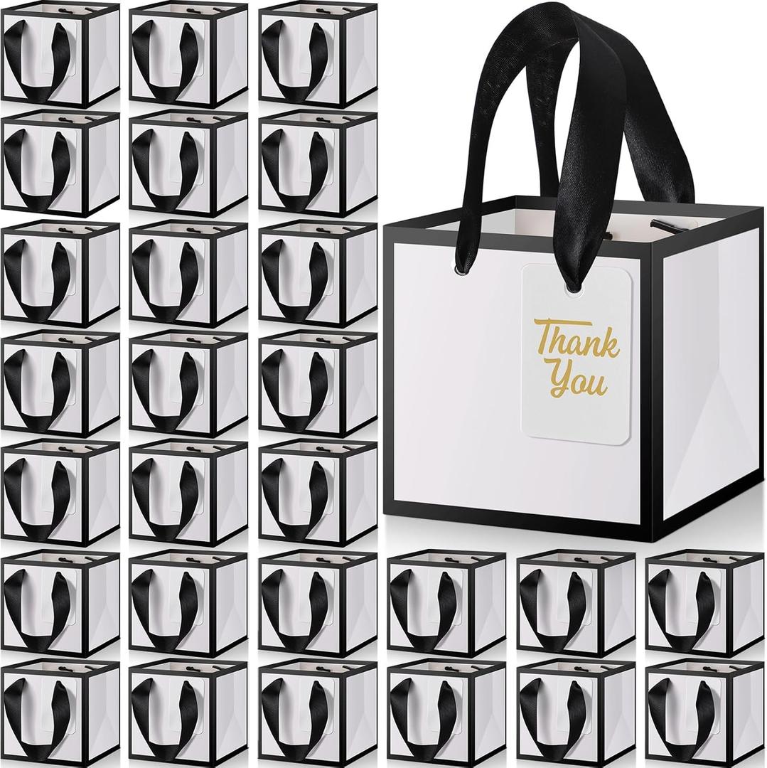 Kolldenn 100 Pcs Small Gift Bags with Handles Metallic Paper Square Wedding Favor Bags Bulk with DIY Blank Thank You Tags for Birthday Bridal Shower Thank You Party Favor (4 x 4 x 4 Inches,White)
