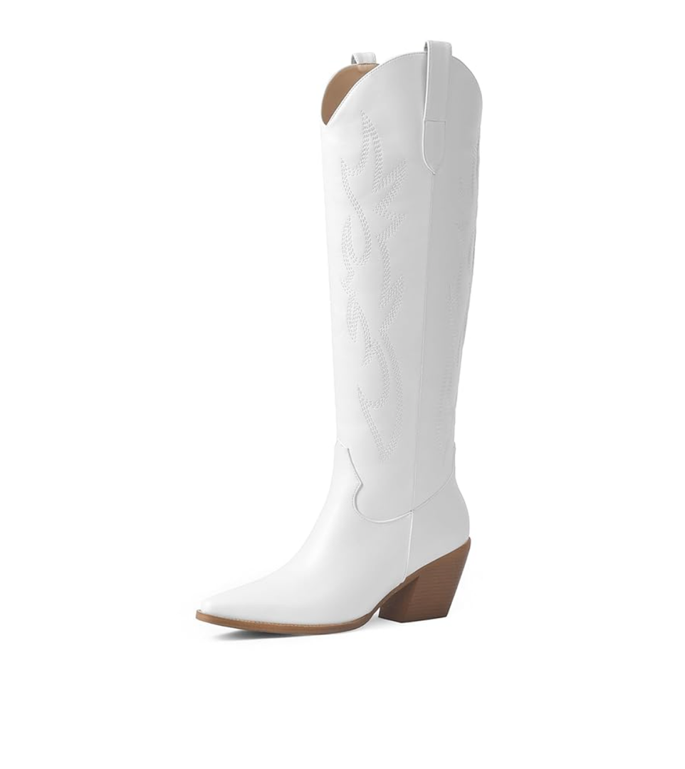 iiimmu Cowgirl Boots Women Knee High Boots Pointed Toe and Block Heel Cowboy Suede and Faux Leather Boots with Embroidered 8