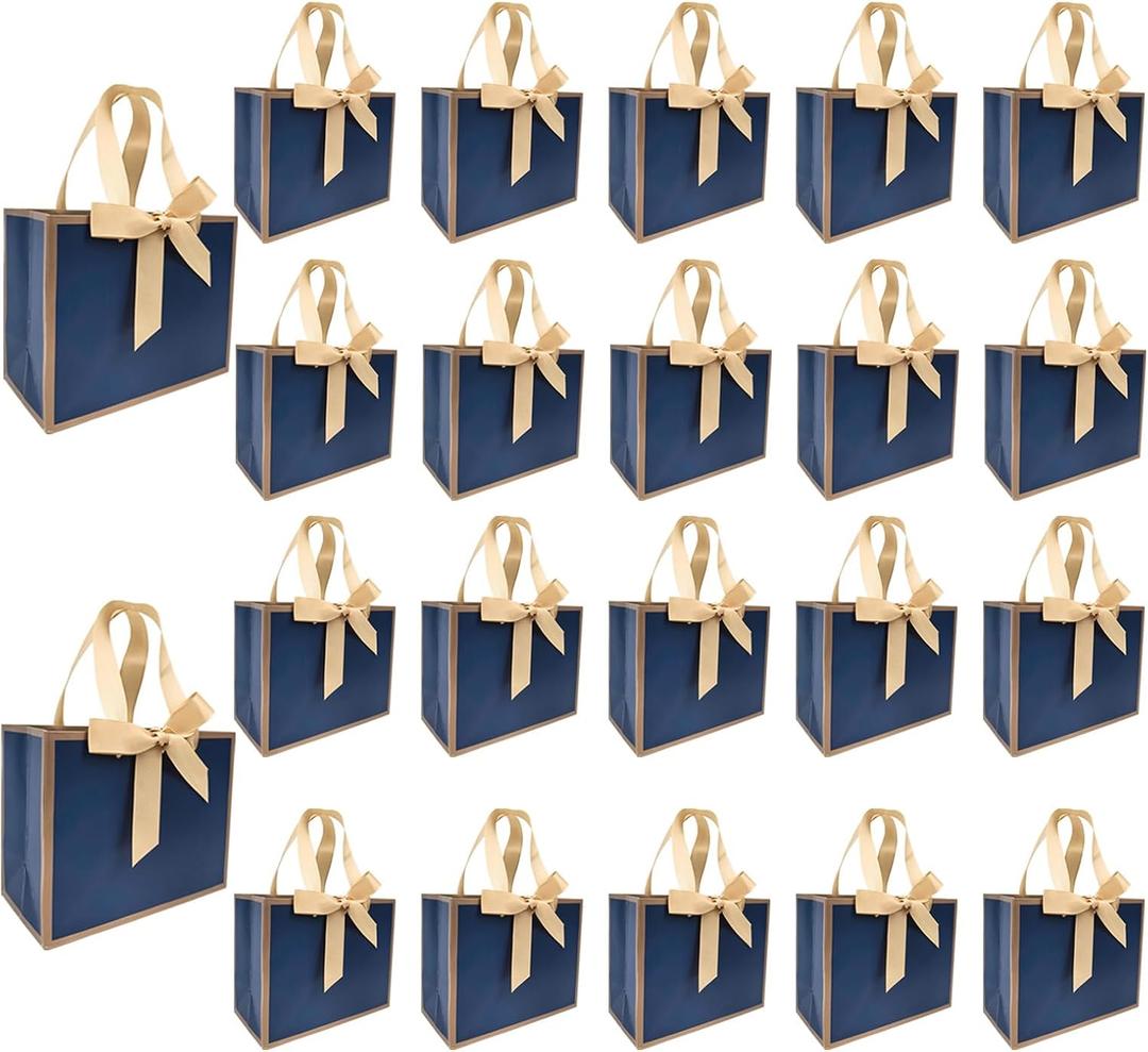 TKSBAG 50 PCS Small Navy Blue Gold Gift Bags with Bow Ribbon - 6.4x3.1x5.1 Inch Thank You Bags with Handles, Bulk for Baby Shower, Bridal Shower, Wedding, Party Favors, Mother's Day